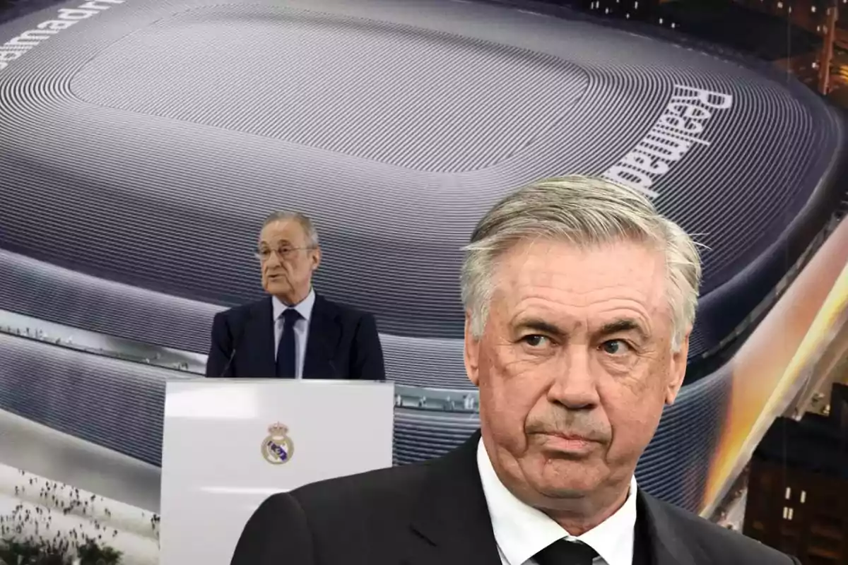 Dos hombres frente a una imagen del estadio Santiago Bernabéu.