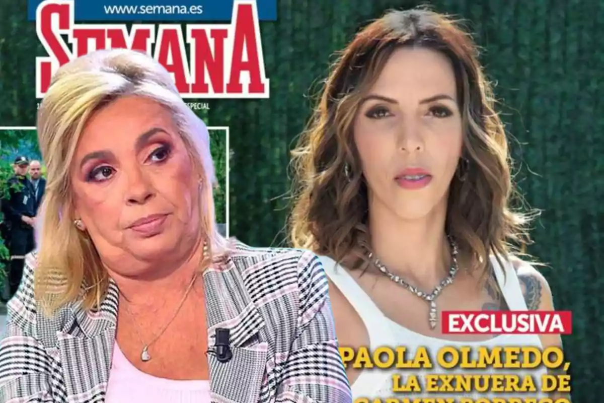 Portada de la revista Semana con dos mujeres, una de ellas con cabello rubio y la otra con cabello castaño, junto con el titular "EXCLUSIVA: PAOLA OLMEDO, LA EXNUERA DE CARMEN BORREGO".