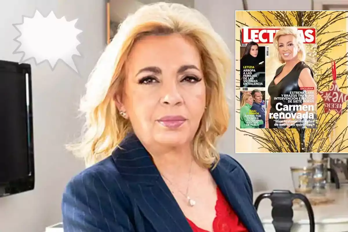 Mujer rubia con chaqueta azul y blusa roja en una habitación con una revista en la esquina superior derecha.