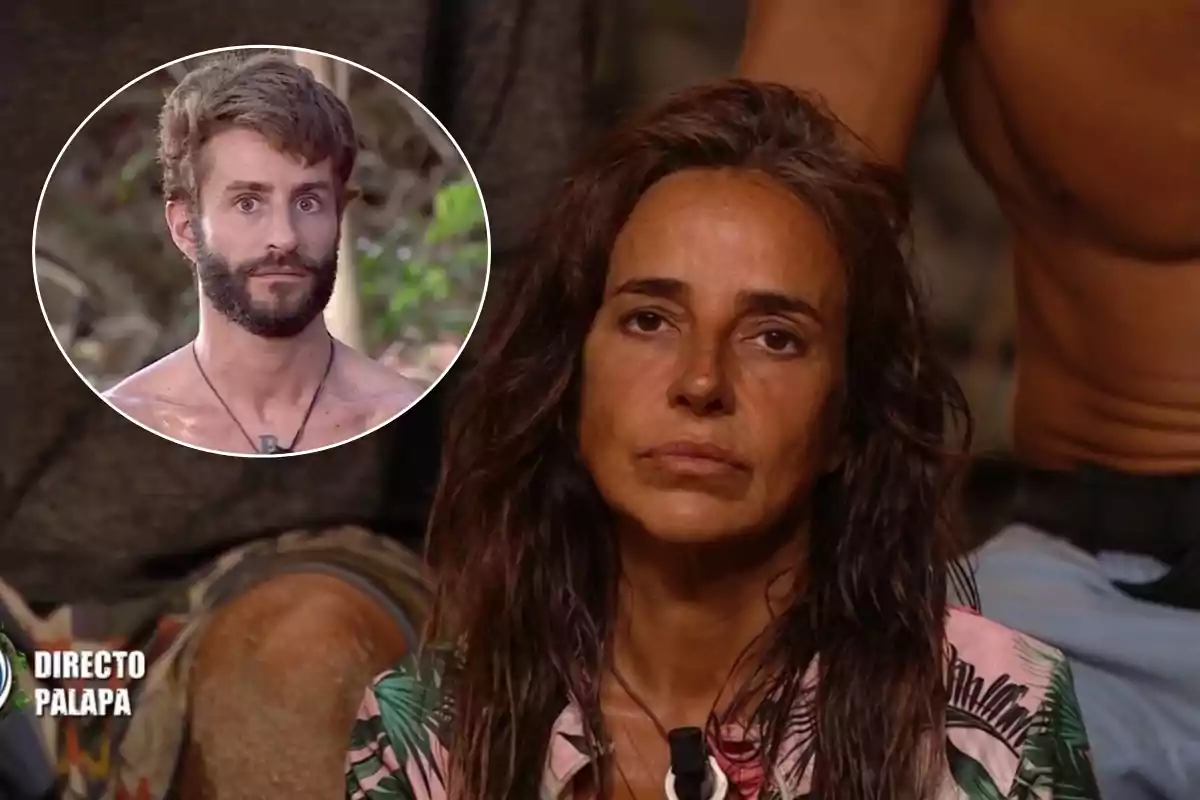 Una mujer de expresión seria aparece en primer plano mientras en la esquina superior izquierda se muestra el rostro de un hombre con barba dentro de un círculo, ambos en un entorno de reality show.