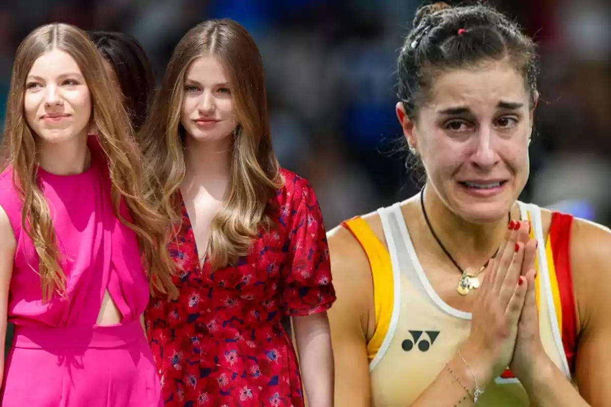 Dos jóvenes con vestidos coloridos y una deportista emocionada con uniforme deportivo.