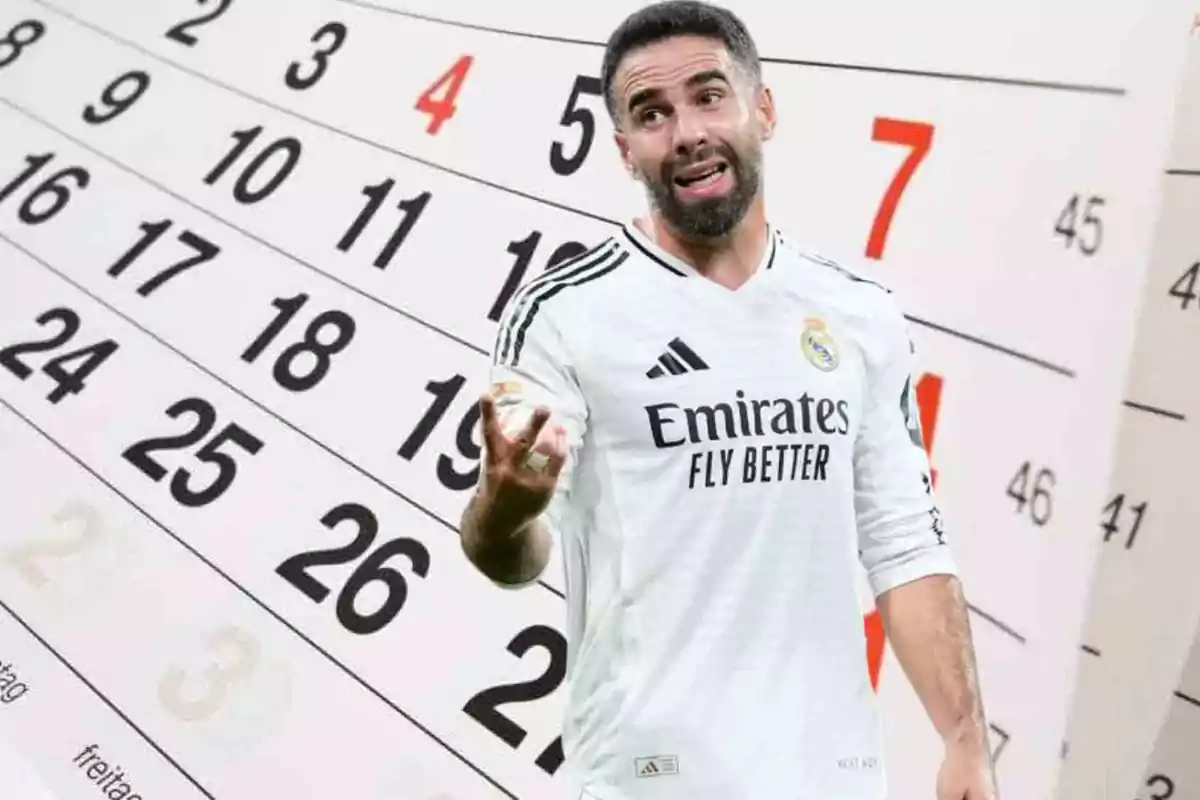 Un jugador de fútbol con uniforme blanco del Real Madrid gesticula frente a un fondo de calendario.