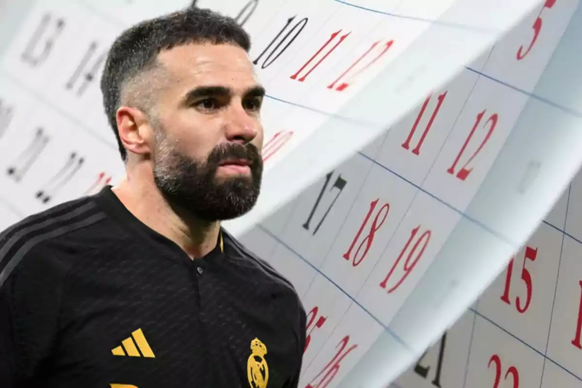 Un jugador de fútbol con uniforme negro del Real Madrid frente a un calendario gigante.