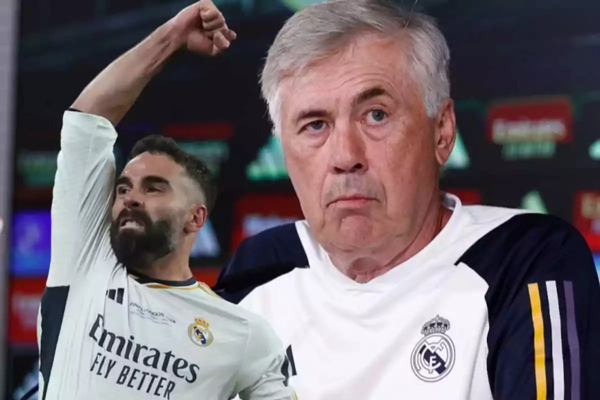 Un jugador de fútbol celebrando con el puño en alto y un entrenador con expresión seria, ambos vistiendo uniformes del Real Madrid.