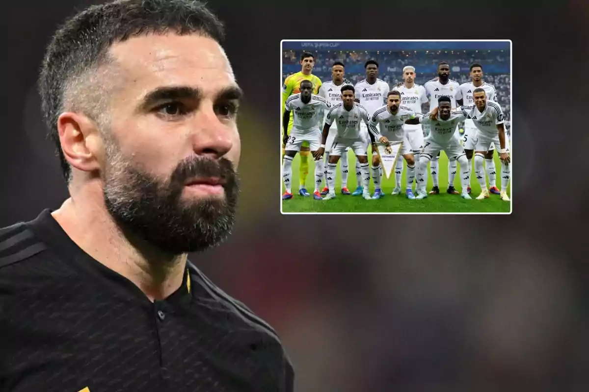 Un jugador de fútbol con barba y cabello corto en primer plano, con una imagen insertada de un equipo de fútbol posando en el campo.