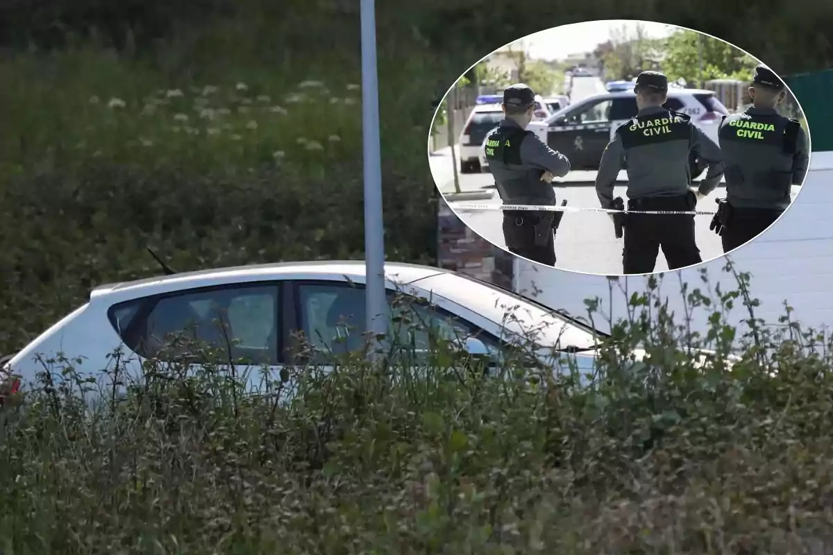 Un coche blanco estacionado en un área con vegetación alta y un recuadro que muestra a tres agentes de la Guardia Civil de espaldas en una calle.