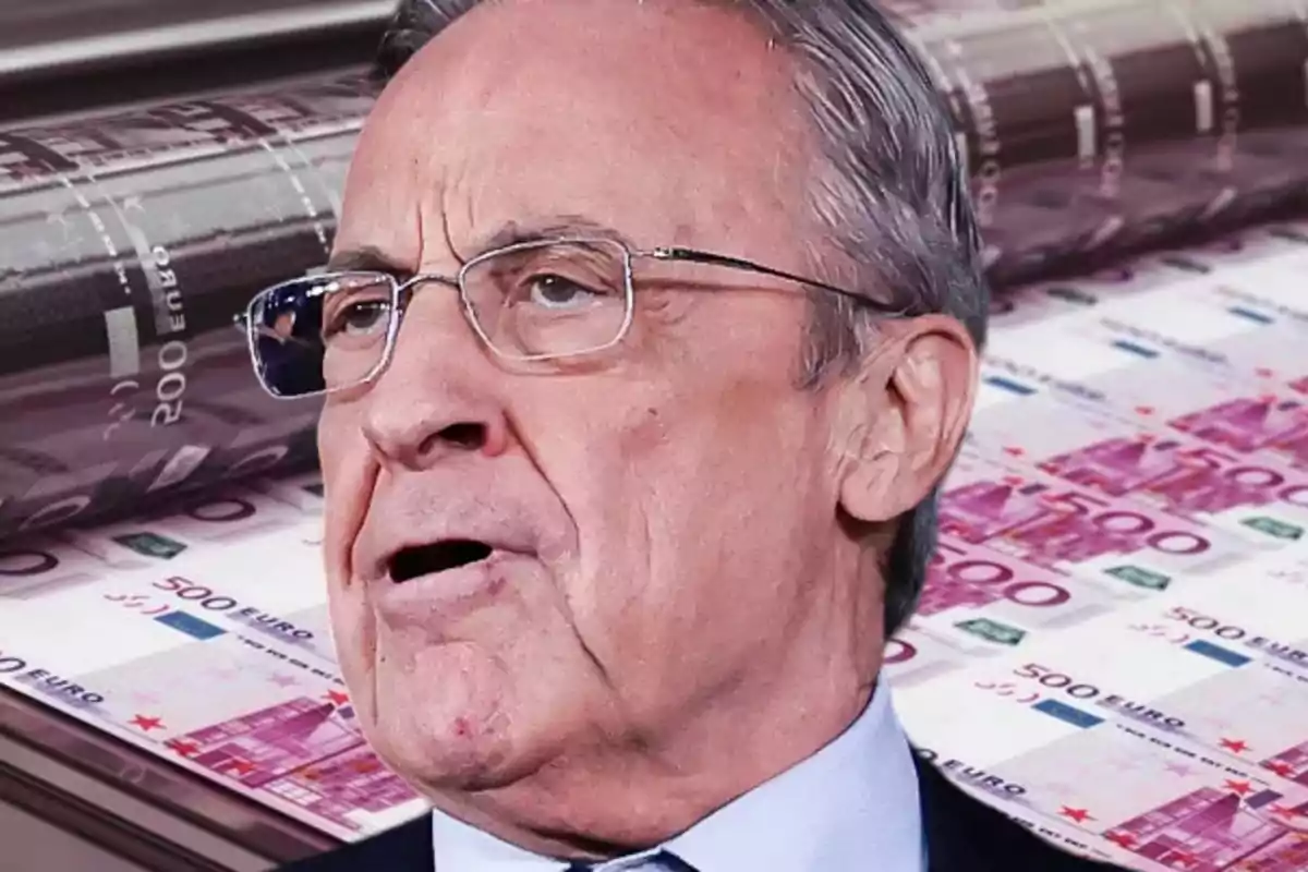 Florentino Pérez frente a billetes de euro en una imprenta.