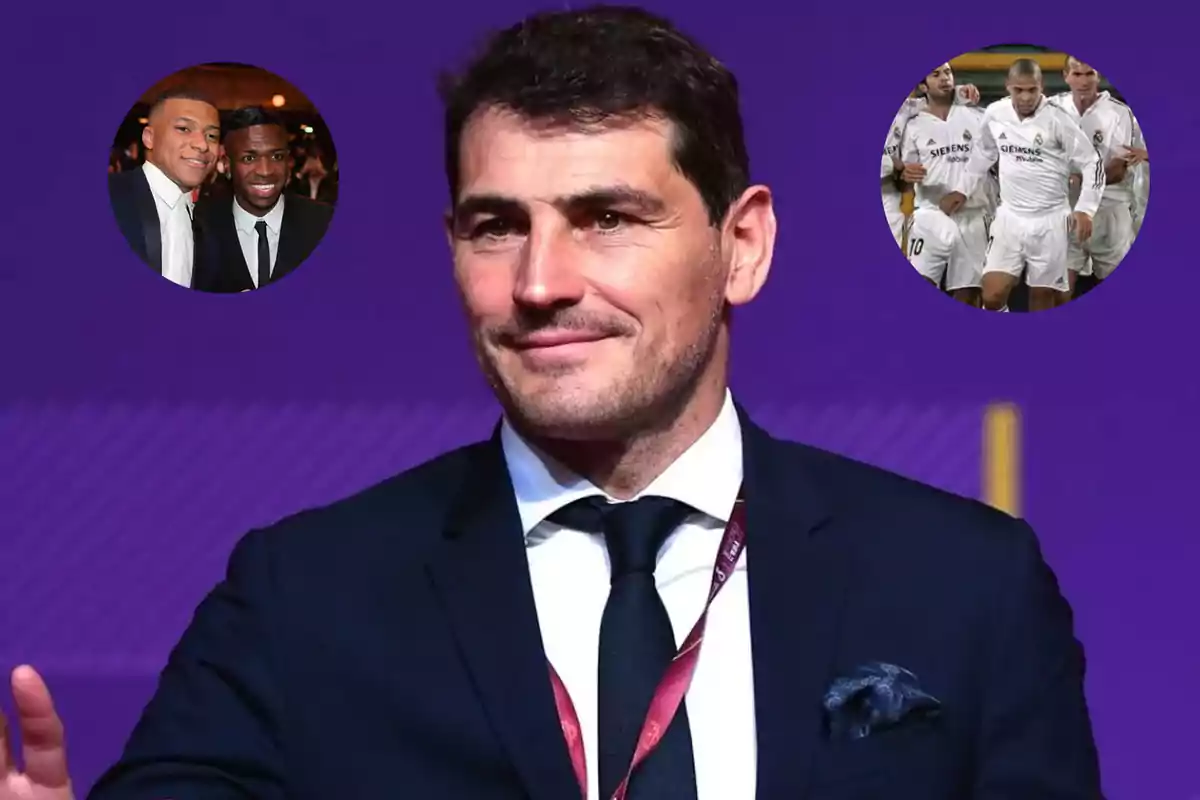 Hombre con traje y corbata en primer plano, con dos imágenes circulares en el fondo que muestran a dos personas posando y a un grupo de jugadores de fútbol.