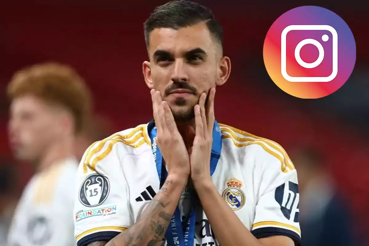 Un jugador de fútbol con la camiseta del Real Madrid y una medalla, con el logo de Instagram en la esquina superior derecha.