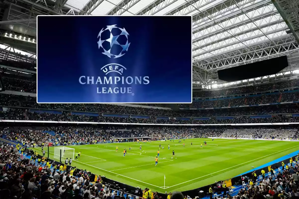 Estadio lleno de espectadores durante un partido de la UEFA Champions League con el logotipo del torneo sobrepuesto en la imagen.