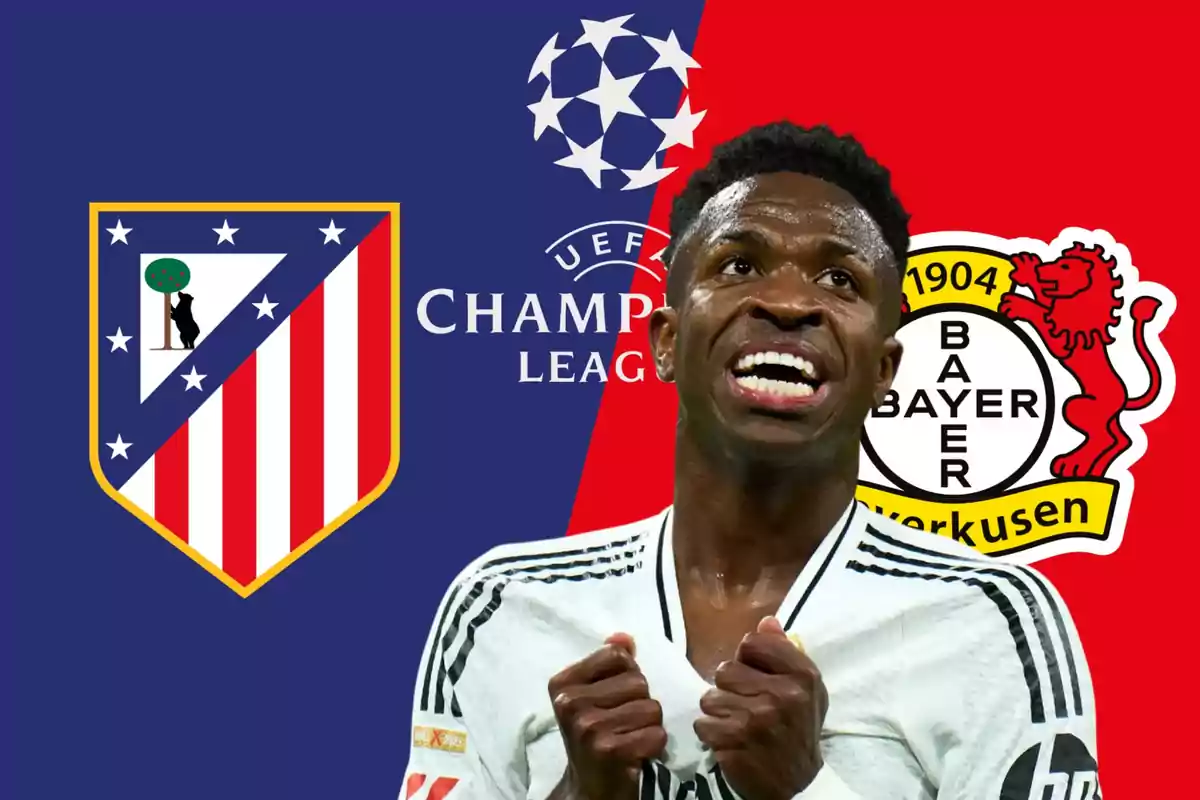 Un jugador de fútbol celebrando con los escudos del Atlético de Madrid y Bayer Leverkusen y el logo de la UEFA Champions League de fondo.