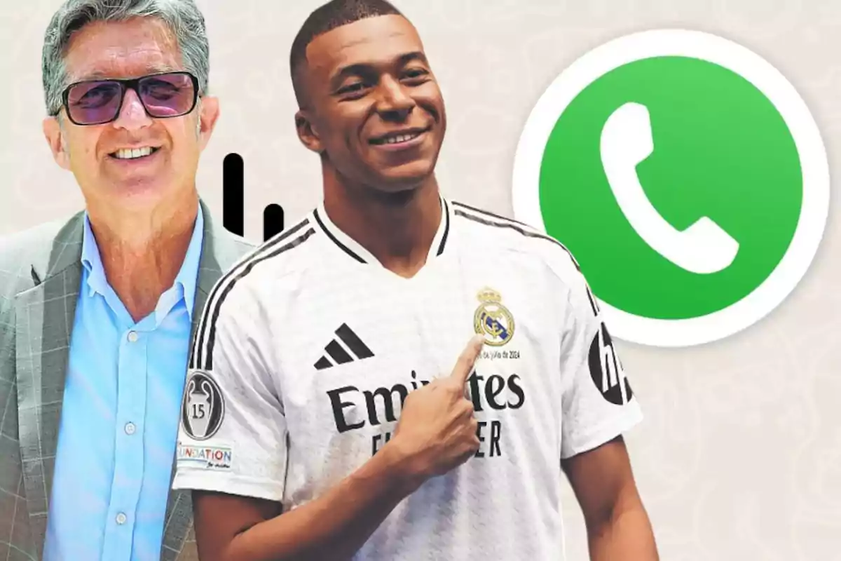 Chendo y Mbappé, con un logo de WhatsApp en el fondo.