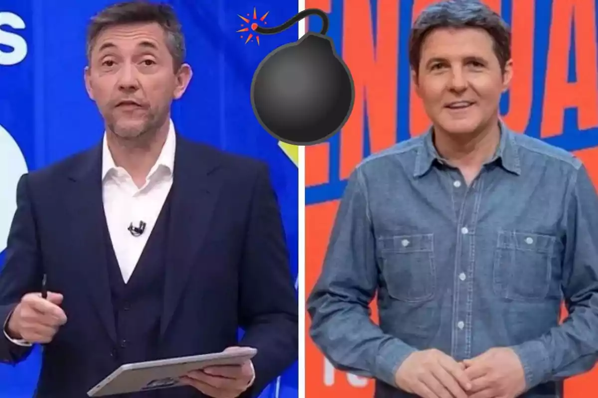 Dos hombres en un set de televisión con un emoji de bomba en el centro.