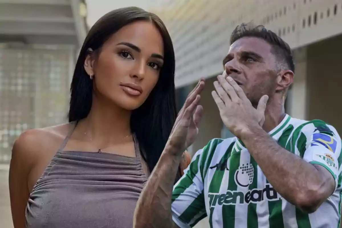 Una mujer con cabello oscuro y un hombre con uniforme de fútbol verde y blanco en un gesto de saludo.