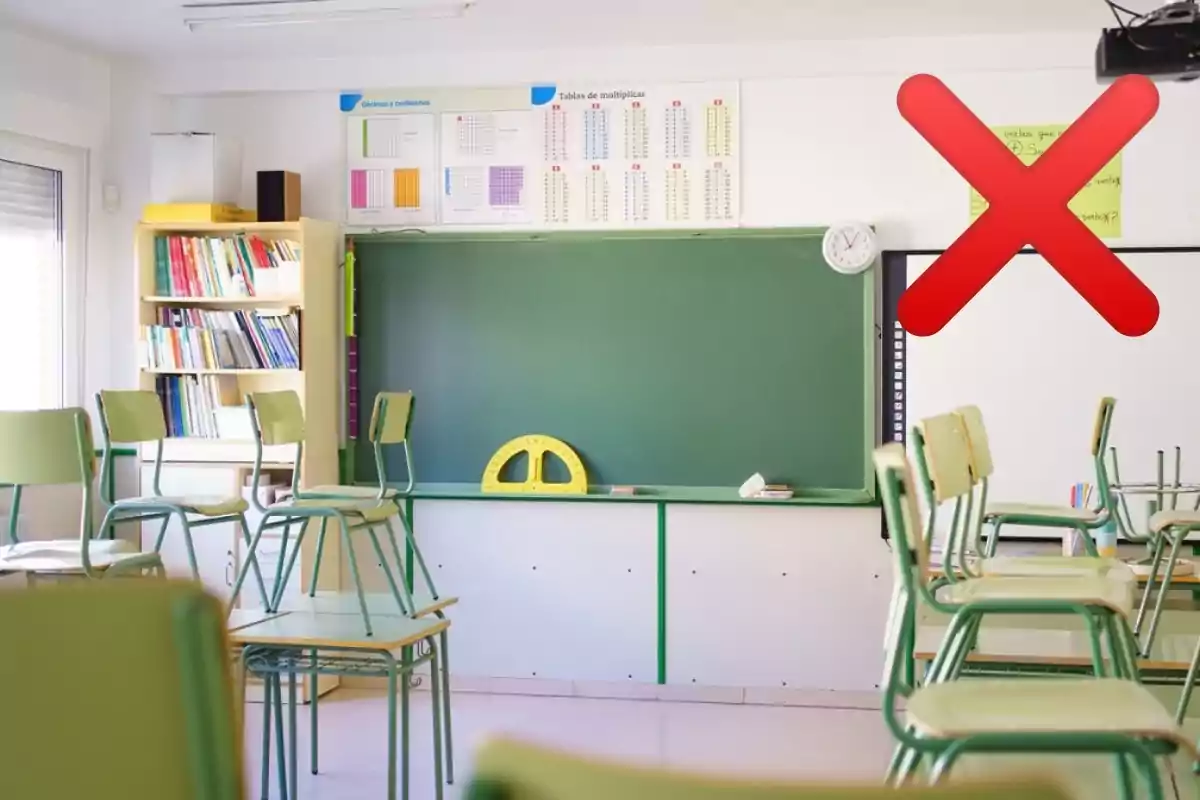 Aula de clase vacía con sillas apiladas sobre los escritorios, una pizarra verde, estantería con libros y un gran símbolo de "X" roja en la pared.