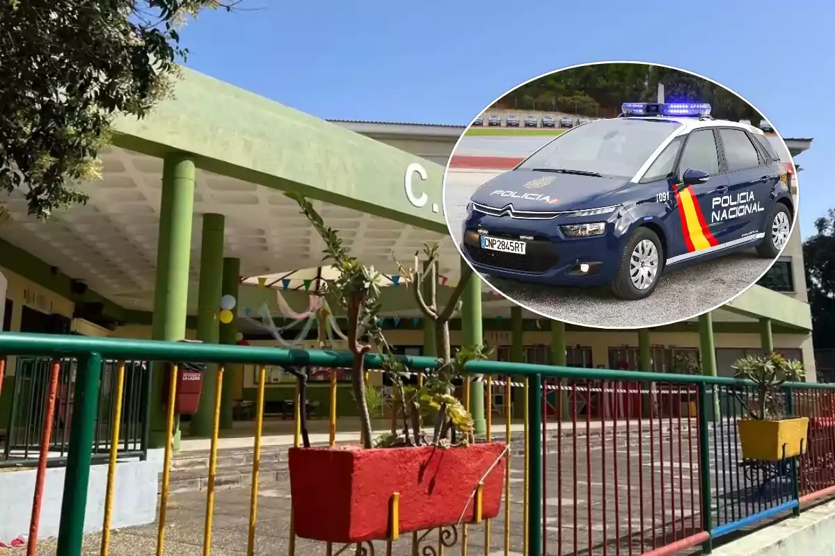 Fachada de una escuela con una cerca de colores y una maceta roja en primer plano, sobre la imagen aparece un recuadro con un coche de la Policía Nacional de España.