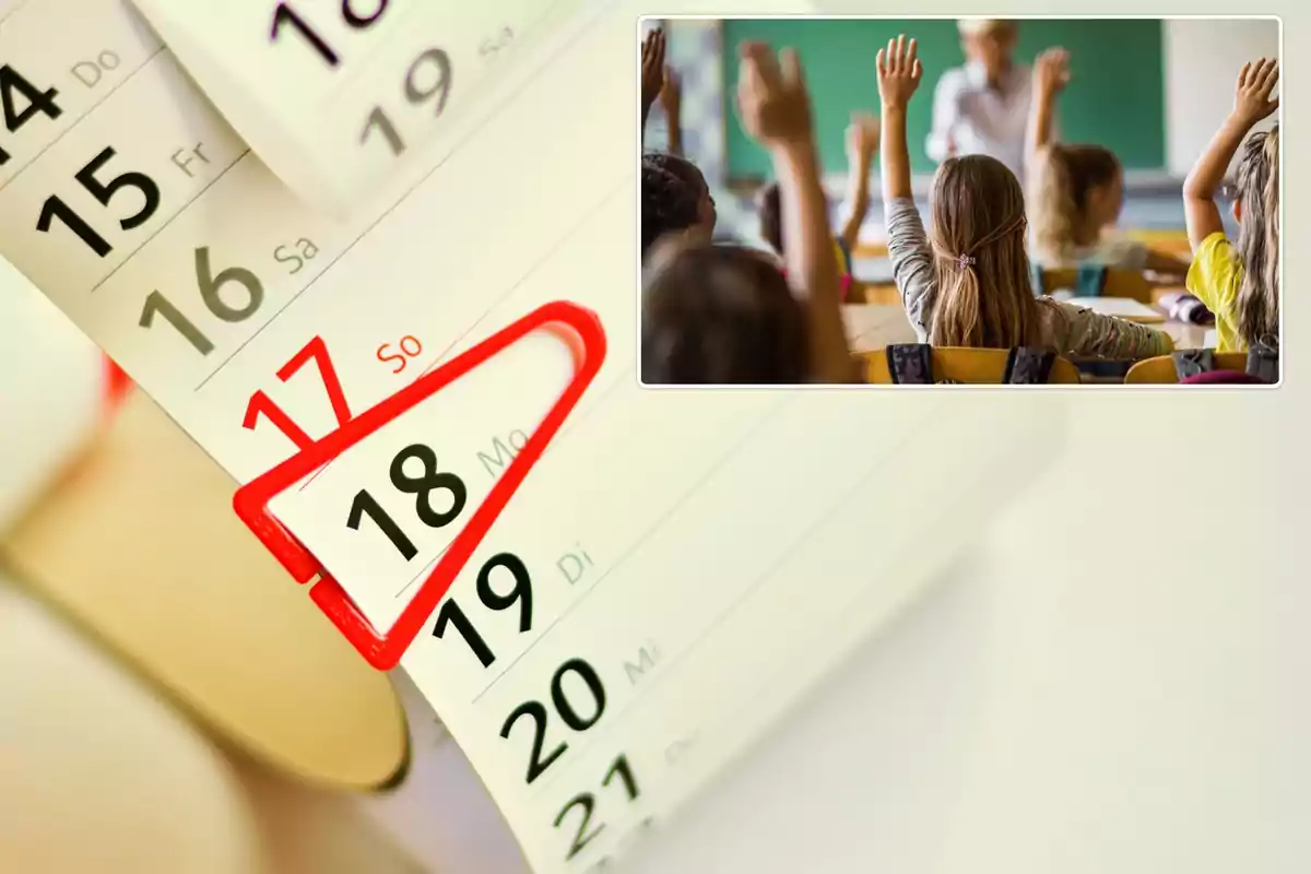 Calendario con un clip rojo marcando el día 18 y una imagen insertada de niños levantando la mano en un aula.