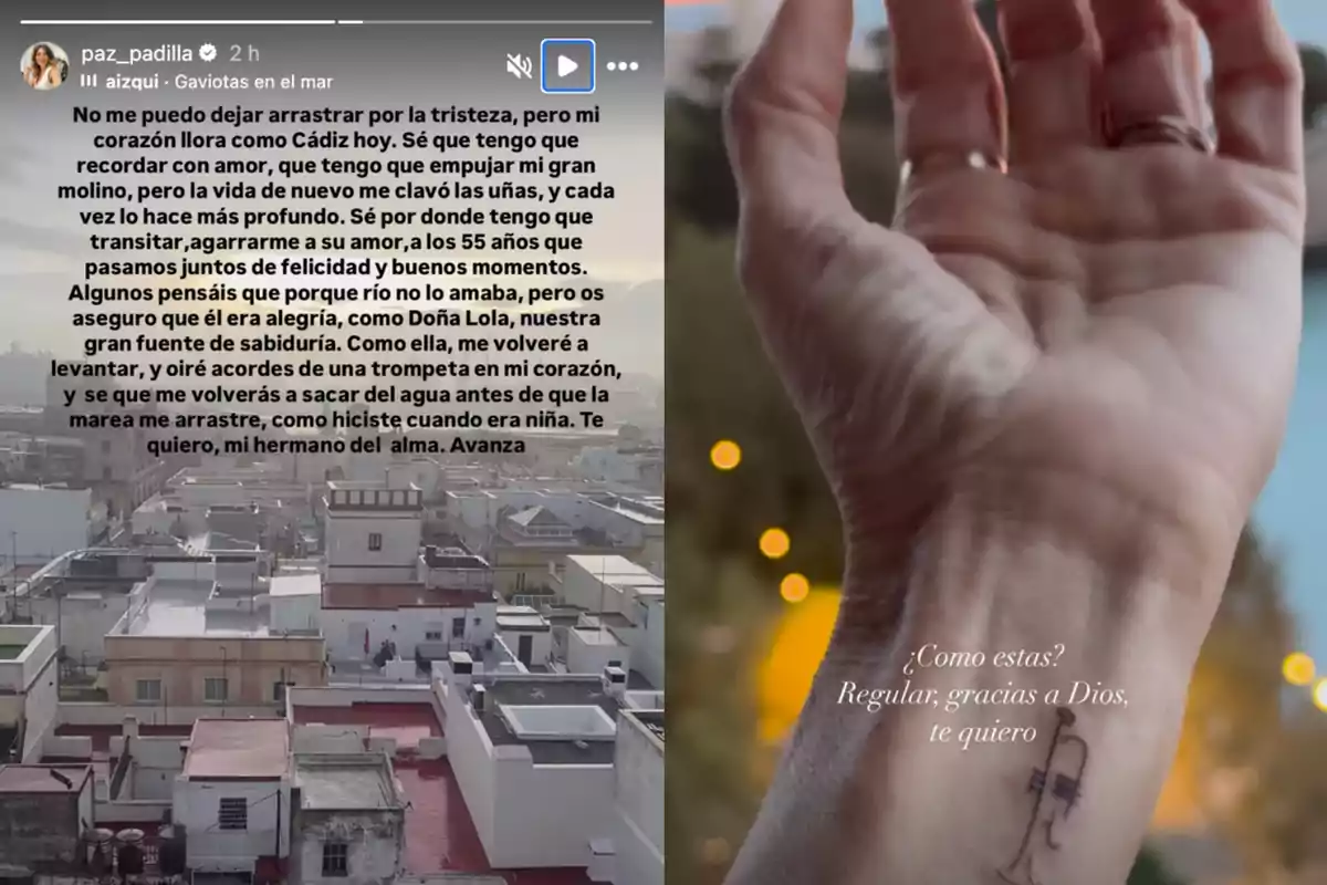 Una imagen dividida en dos partes: a la izquierda, un texto sobre un paisaje urbano con edificios y cielo nublado; a la derecha, una mano con un tatuaje de trompeta en la muñeca y un texto que pregunta 