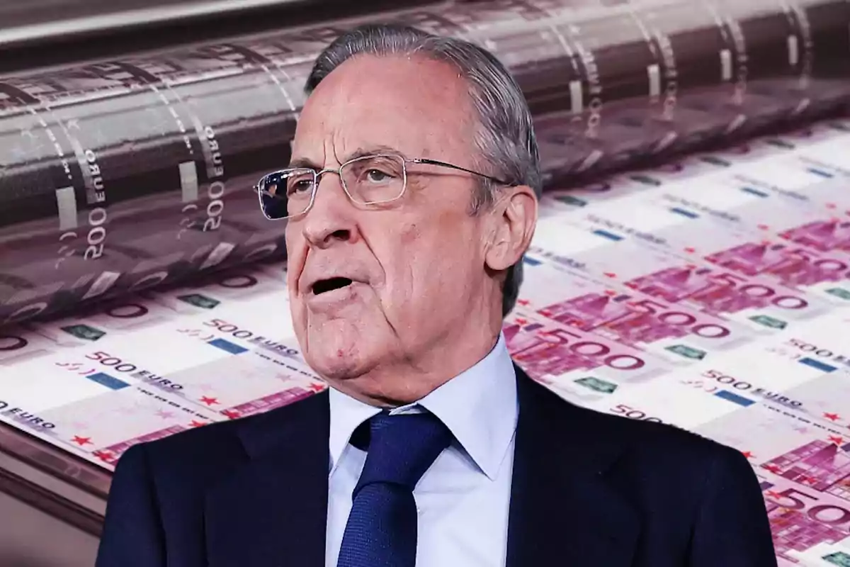 Florentino Pérez frente a una máquina de impresión de billetes de euro.