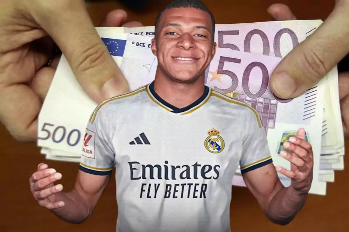 Mbappé con la camiseta del Real Madrid aparece frente a un fondo de billetes de 500 euros sostenidos por manos.