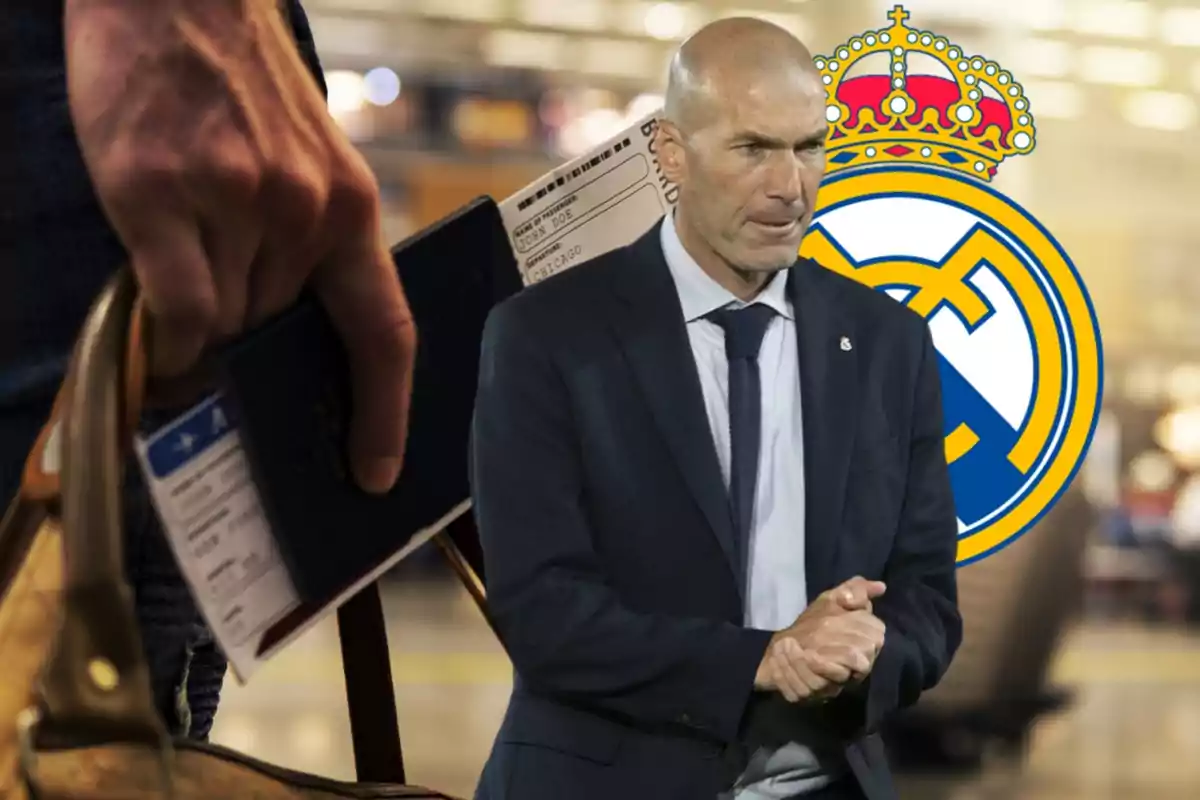 Un hombre con traje frente al logo del Real Madrid y una mano sosteniendo un pasaporte y un boleto de avión.