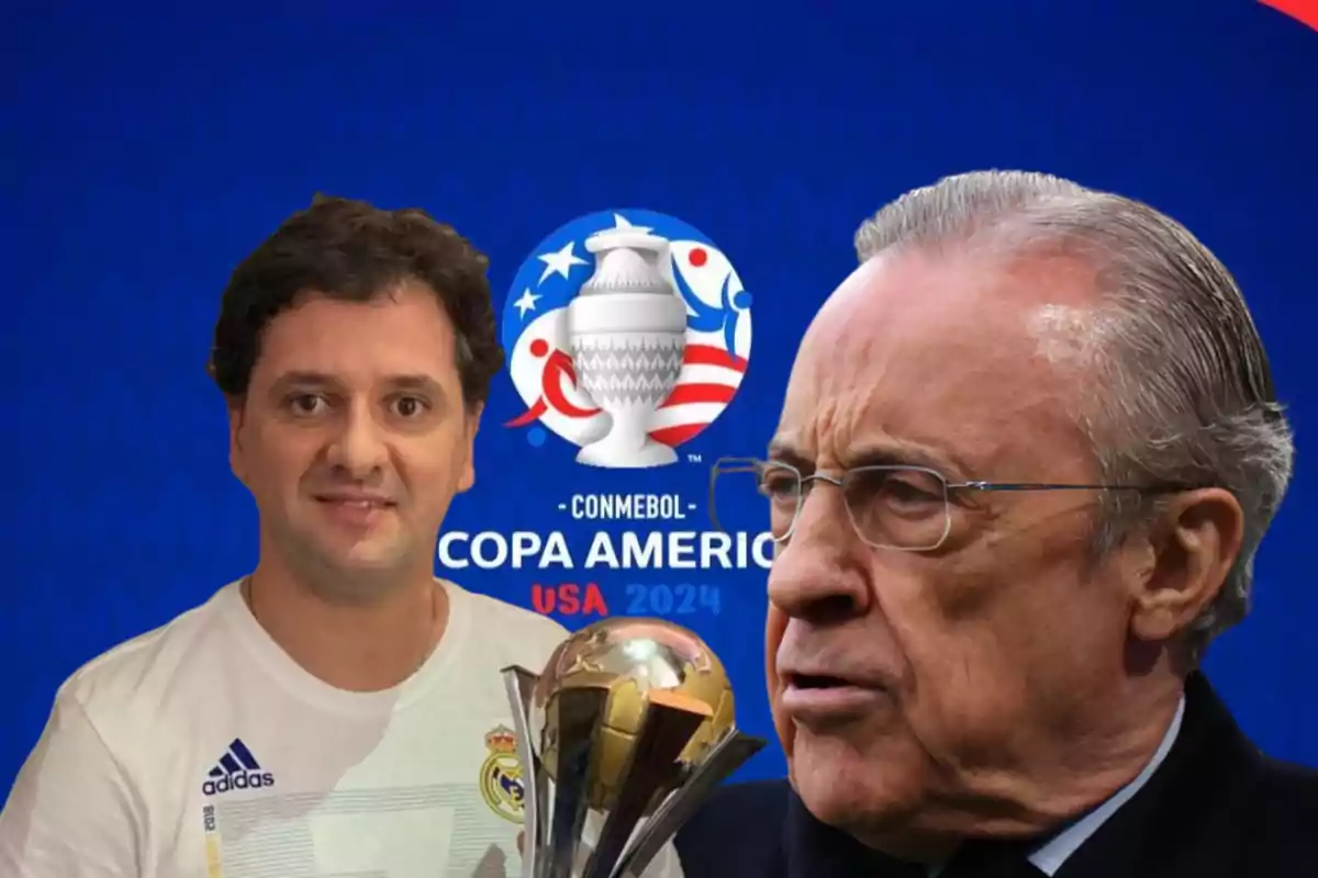 Dos hombres posan frente a un cartel de la Copa América 2024, uno de ellos sostiene un trofeo.