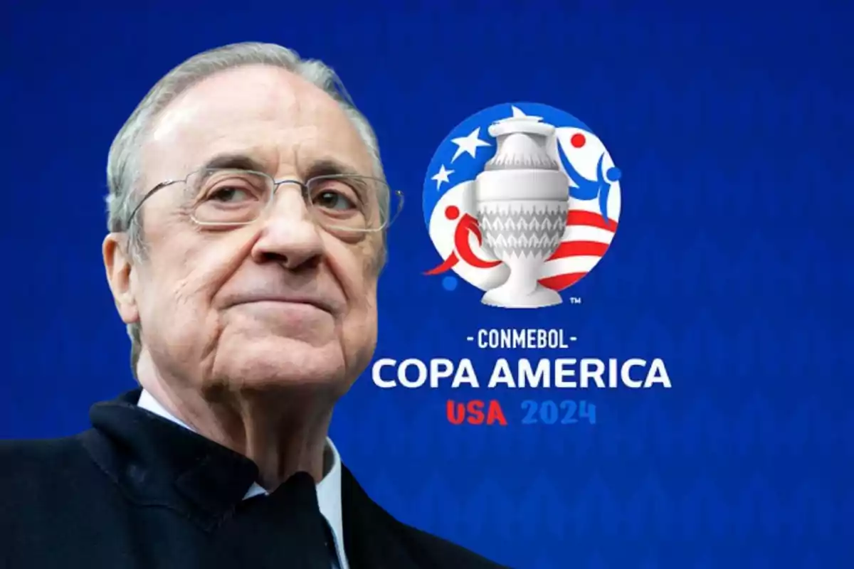 Hombre mayor con gafas y traje oscuro frente a un fondo azul con el logo de la Copa América 2024 en Estados Unidos.