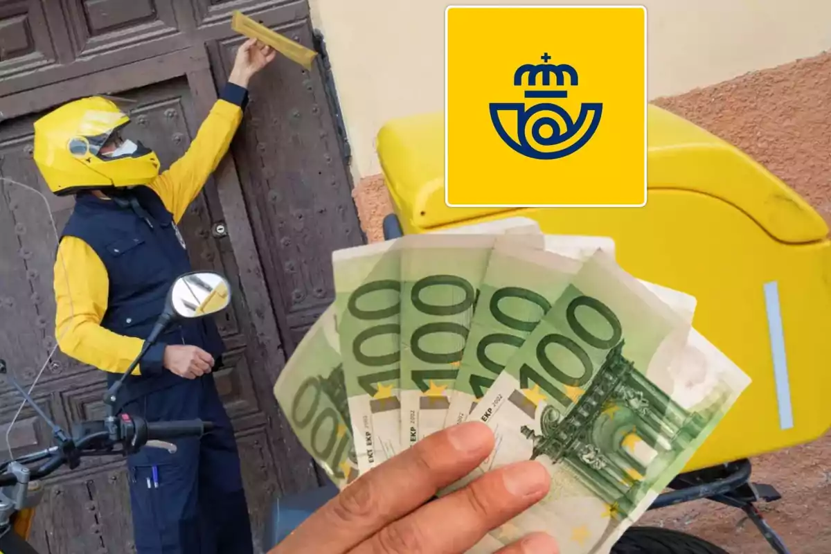 Un cartero con uniforme amarillo y azul entrega una carta mientras sostiene billetes de 100 euros, con el logotipo de Correos en el fondo.