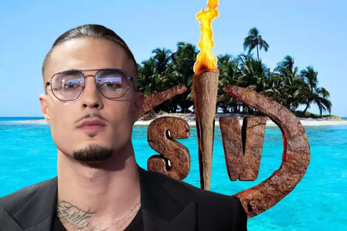 Un hombre con gafas de sol y un tatuaje en el cuello aparece frente a un fondo de playa con palmeras y un logotipo de un programa de supervivencia.