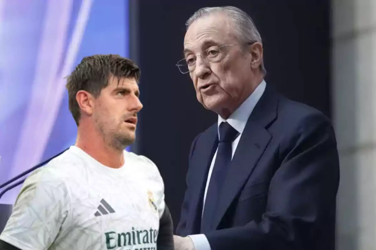 Un hombre con traje hablando y un jugador de fútbol con camiseta blanca del Real Madrid.