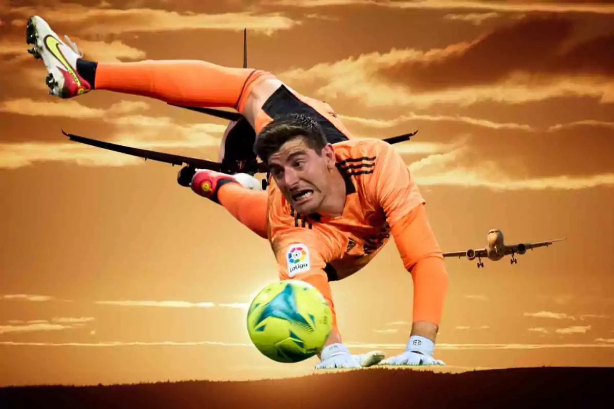 Un portero de fútbol en acción con un avión en el fondo durante un atardecer.