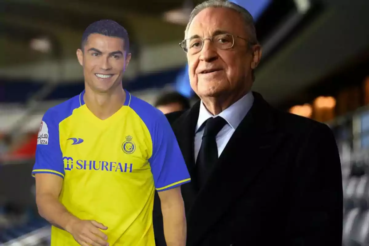 Cristiano Ronaldo vestido de amarillo y azul al lado de Florentino Pérez con traje