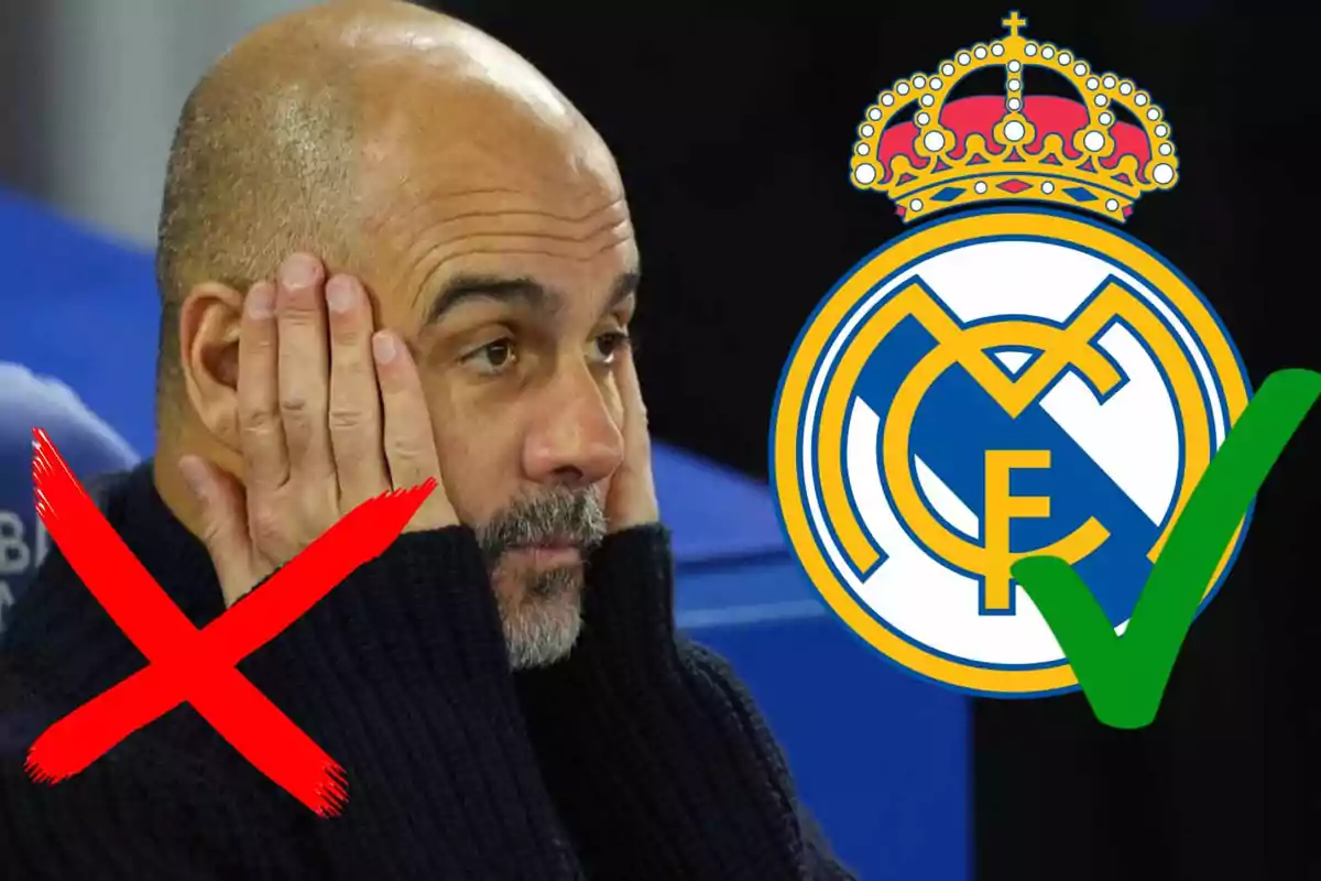 Un hombre con las manos en la cara junto a un logotipo del Real Madrid con una marca de verificación verde y una cruz roja.