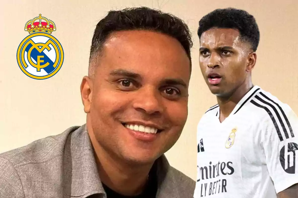 Un hombre sonriente con una camisa gris, junto a un jugador de fútbol con el uniforme del Real Madrid y el escudo del equipo en el fondo.