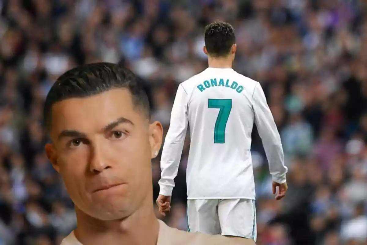 Un jugador de fútbol con el número 7 en su camiseta y el nombre "Ronaldo" en la espalda, con su rostro en primer plano.