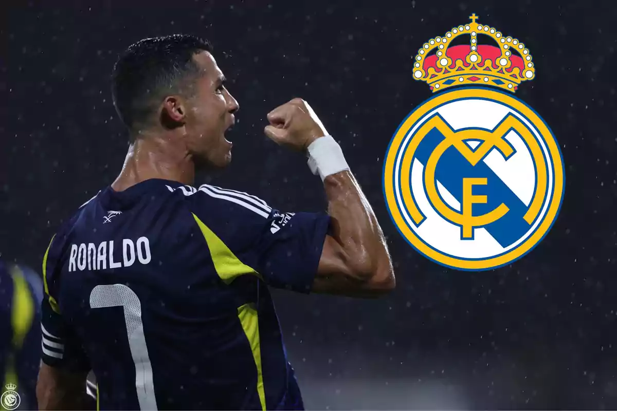 Cristiano Ronaldo, junto al escudo del Real Madrid.