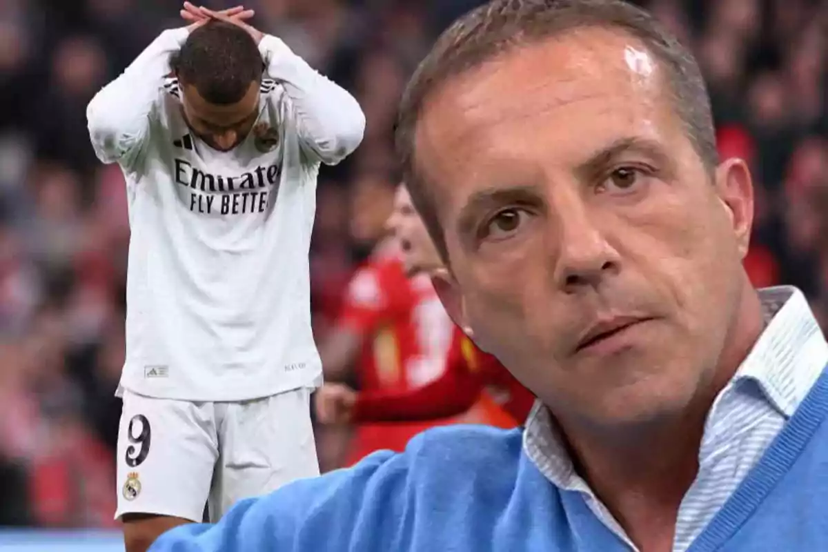 Un jugador de fútbol con la camiseta del Real Madrid se muestra decepcionado mientras un hombre en primer plano observa con expresión seria.