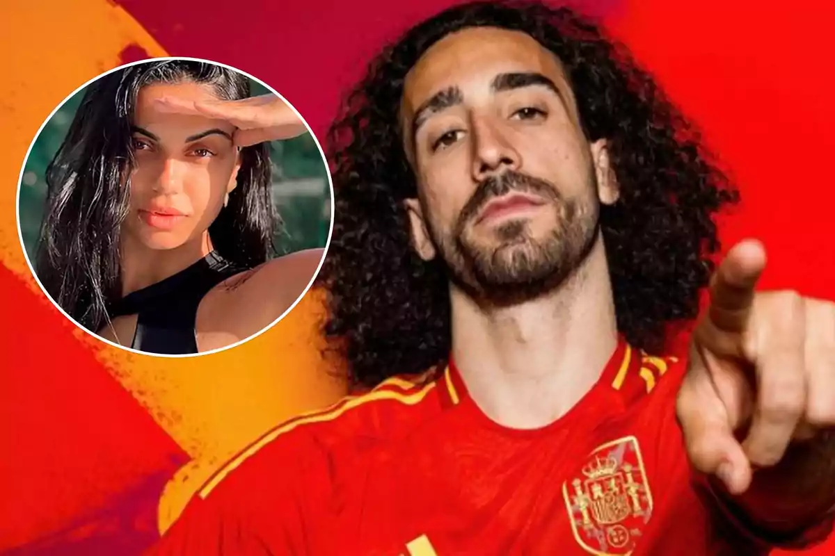 Un hombre con una camiseta roja de la selección española de fútbol señala hacia la cámara, mientras que en la esquina superior izquierda hay una imagen circular de una mujer con el brazo levantado sobre la frente.