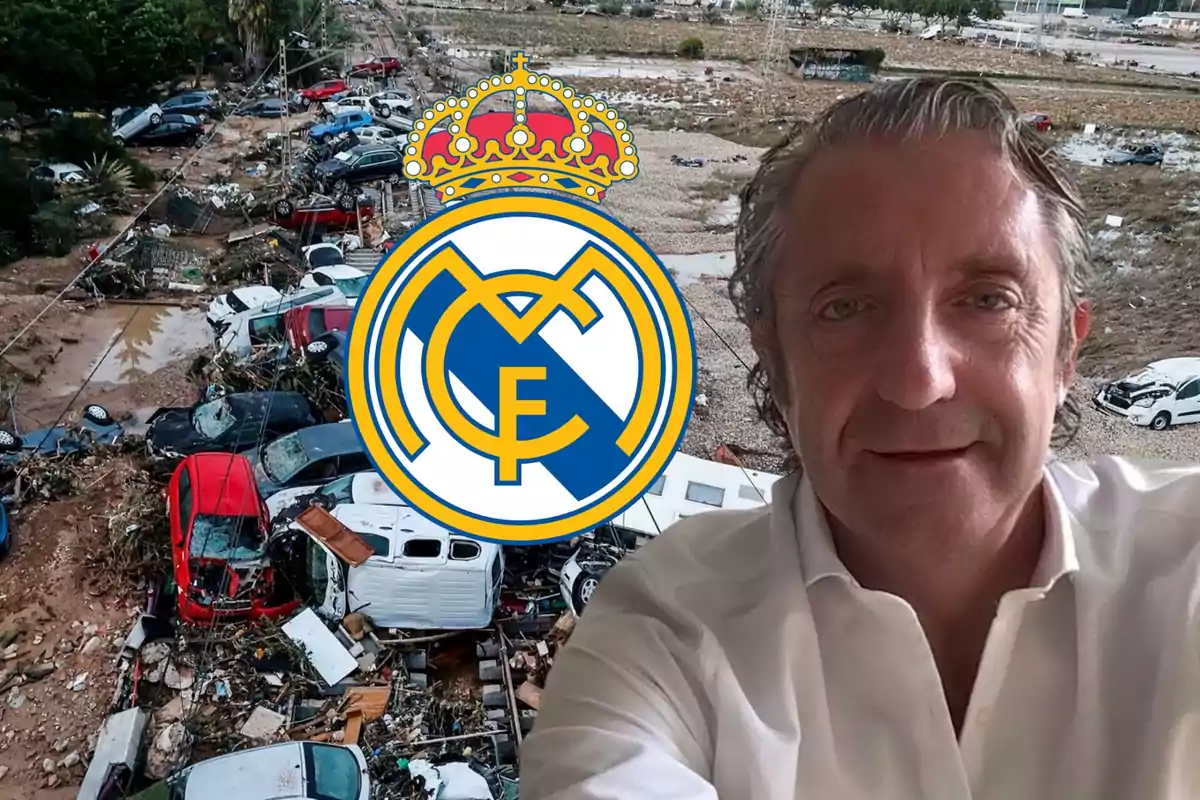 Un hombre con camisa blanca frente a un paisaje de autos dañados y escombros, con el escudo del Real Madrid superpuesto.