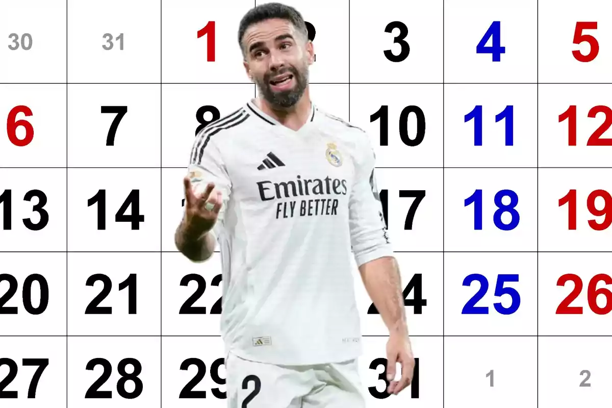 Un jugador de fútbol con uniforme blanco del Real Madrid aparece frente a un calendario mensual.