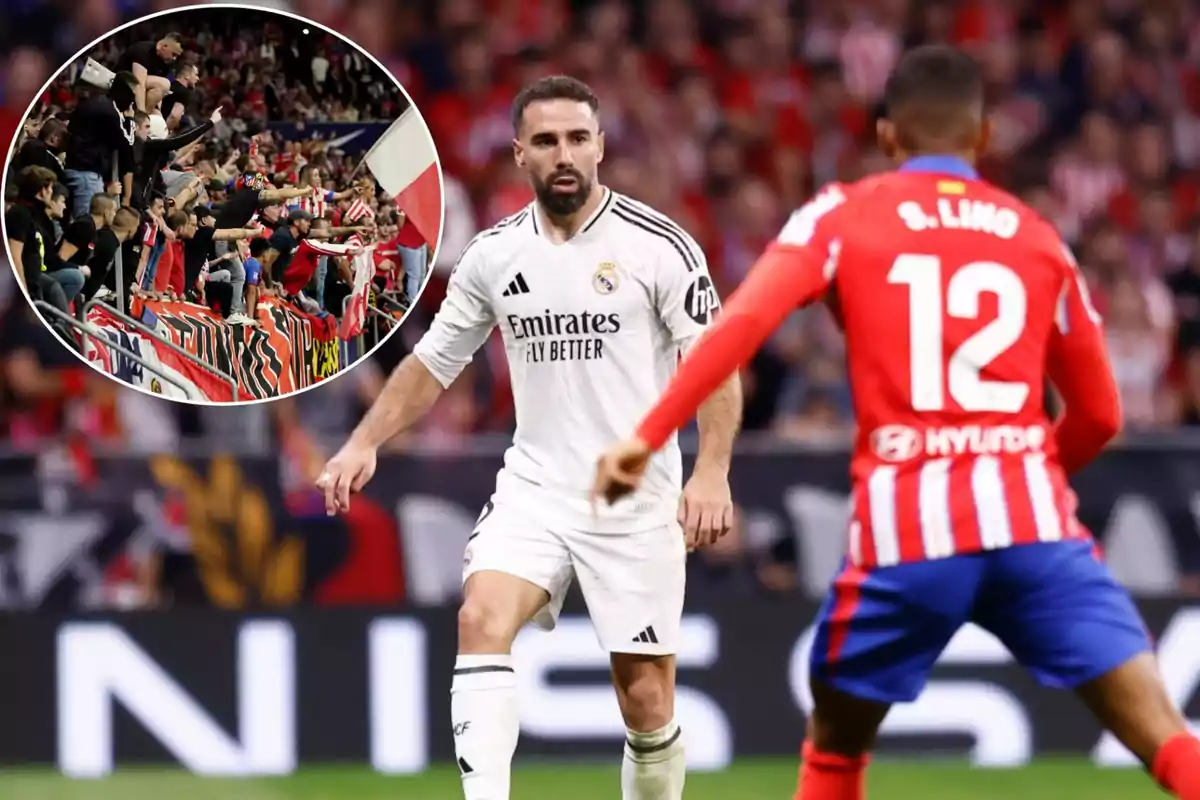 Un jugador del Real Madrid y un jugador del Atlético de Madrid en el campo durante un partido, con una imagen insertada de aficionados animando en las gradas.