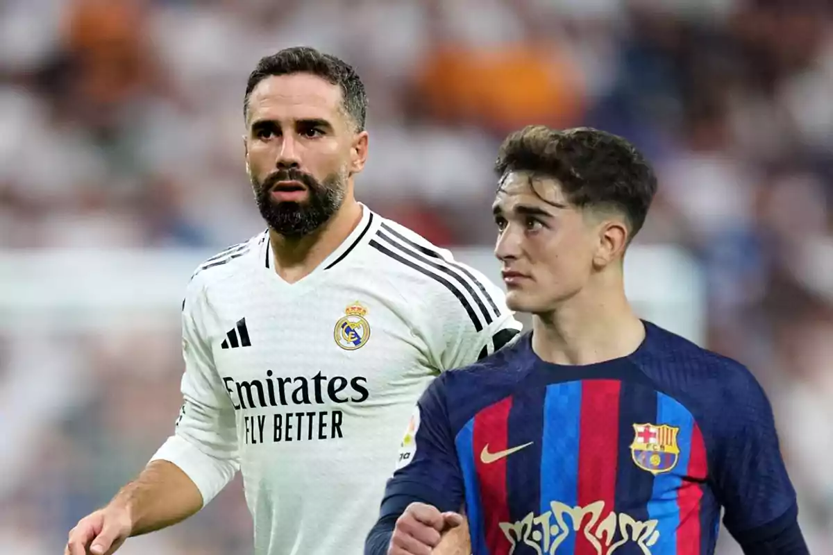 Dos jugadores de fútbol en el campo, uno con la camiseta del Real Madrid y otro con la del Barcelona.