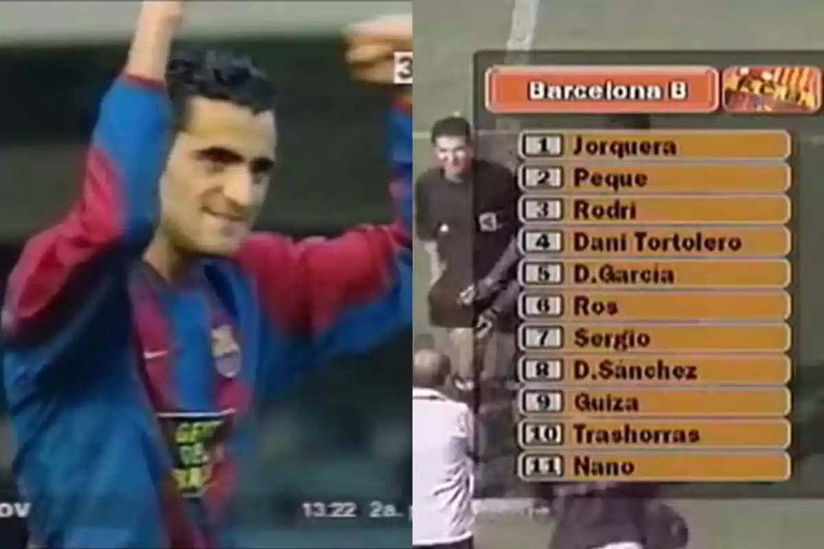 Un jugador del Barcelona B celebra con los brazos en alto mientras se muestra una lista de alineación del equipo en pantalla. Un jugador del Barcelona B celebra con los brazos en alto mientras se muestra una lista de alineación del equipo en pantalla.
