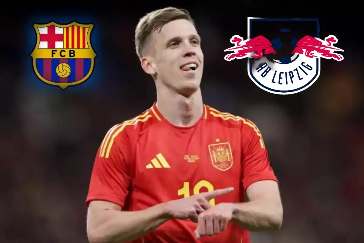 Un jugador de fútbol con la camiseta de la selección española, con los escudos del FC Barcelona y RB Leipzig en el fondo.