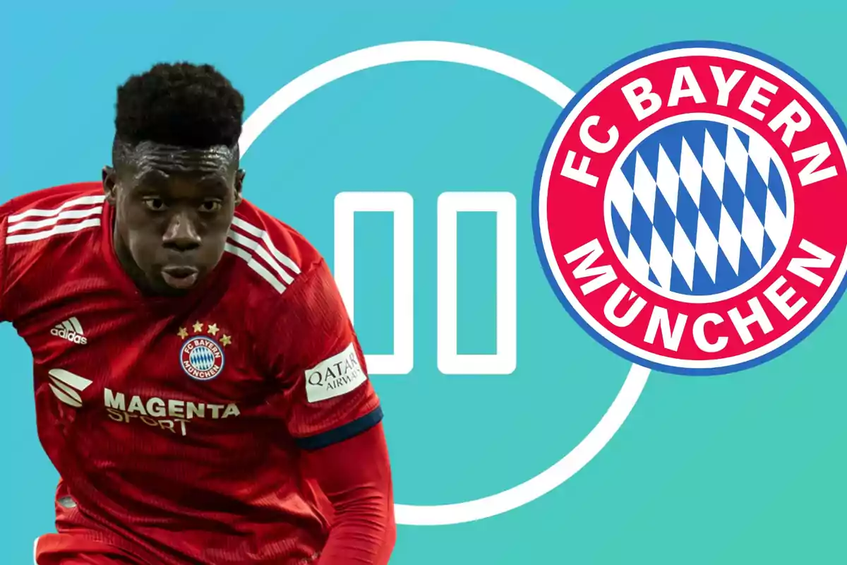 Alphonso Davies con el escudo del Bayern y detrás el signo de stop