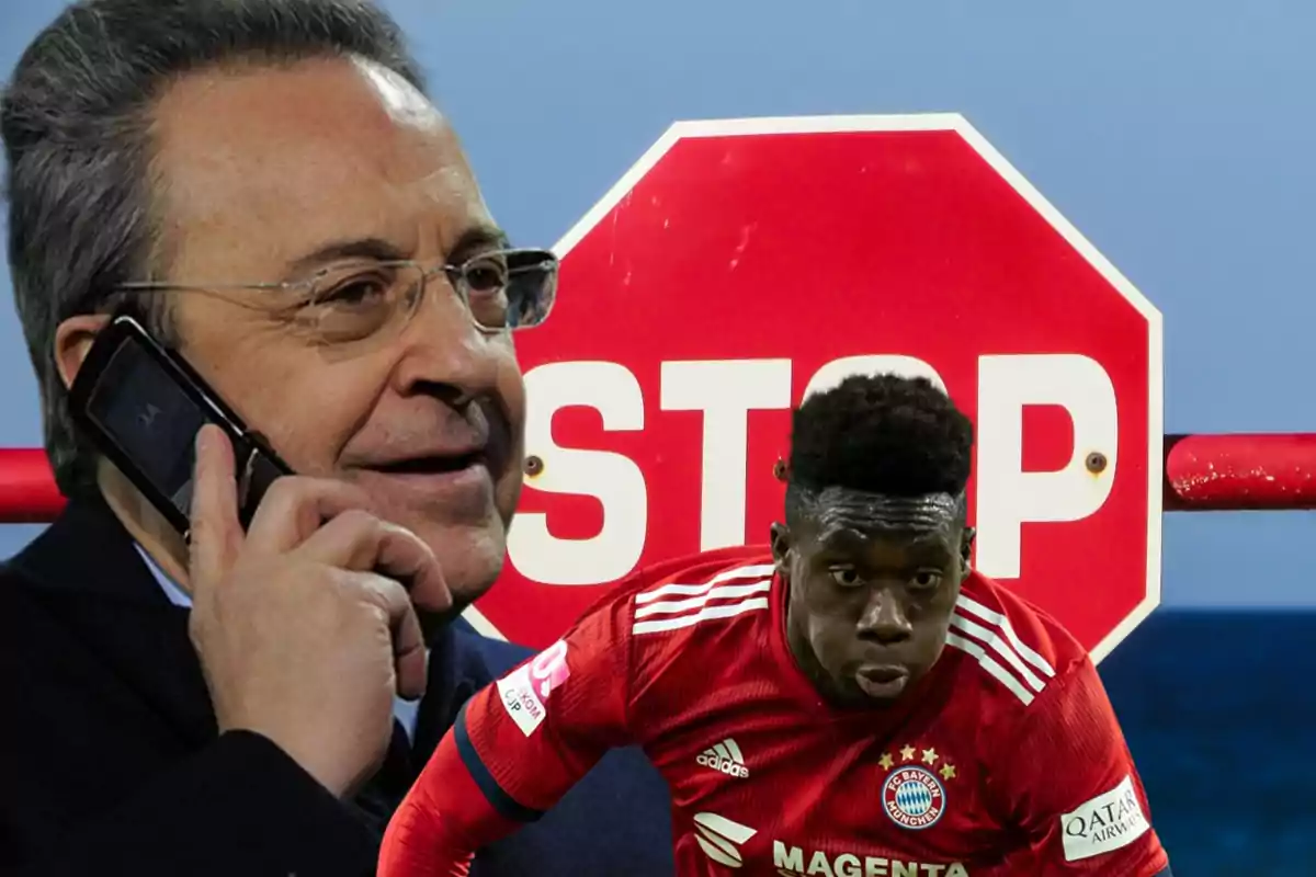 Un hombre hablando por teléfono y un jugador de fútbol con un uniforme rojo frente a una señal de stop.