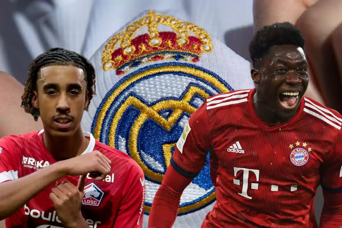 Jugadores de fútbol del Lille y Bayern Múnich con el escudo del Real Madrid de fondo.