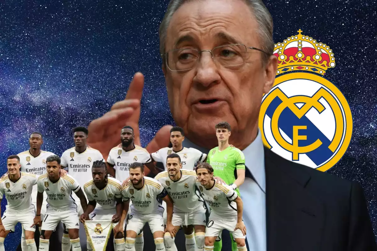 Foto de la plantilla del Real Madrid, con Florentino Pérez y el escudo del club, con un fondo de estrellas
