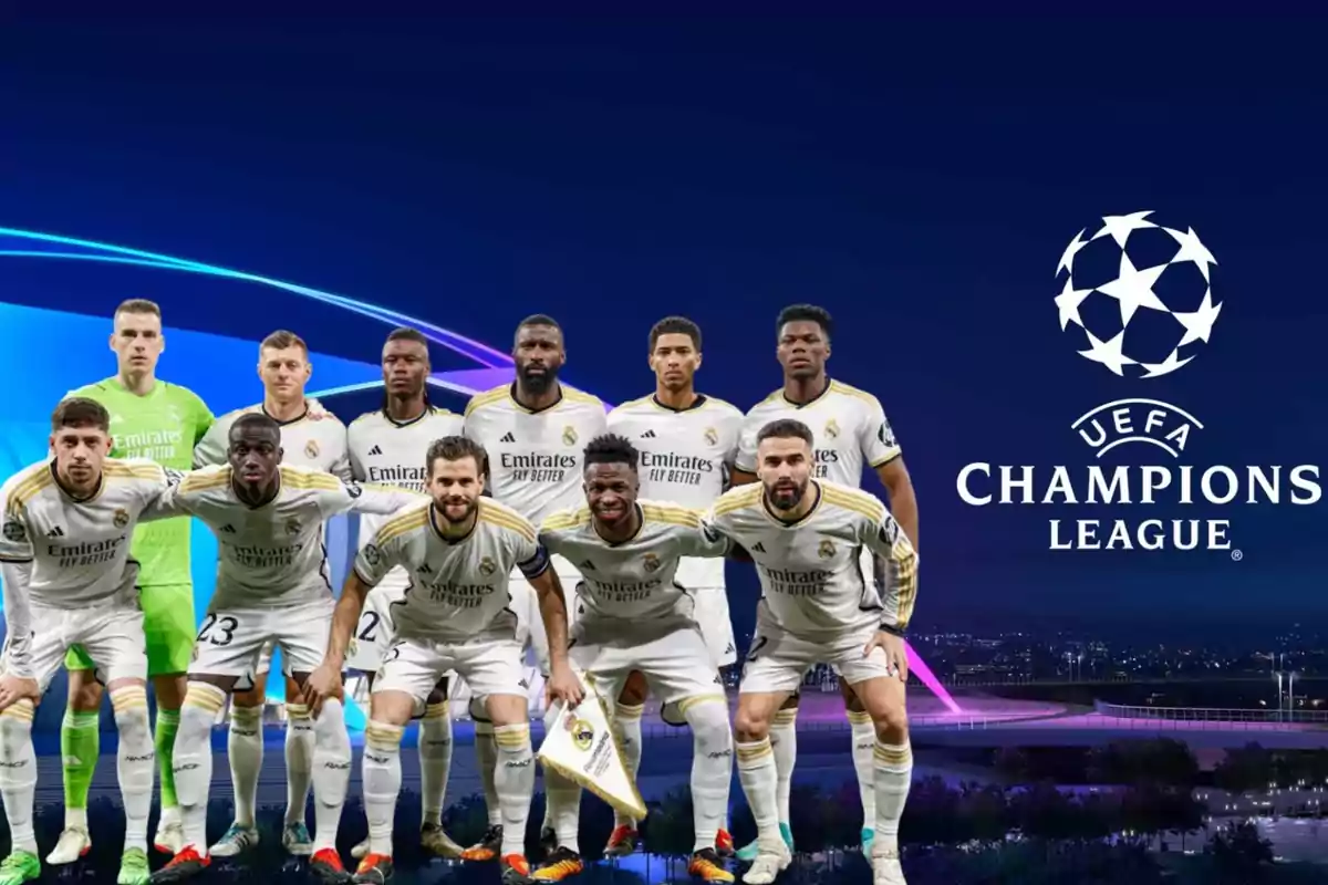 Una foto del once titular del Real Madrid en un partido, y de fondo el logo de la UEFA Champions League