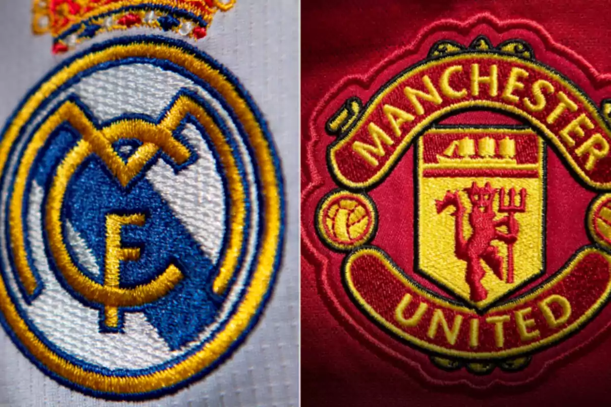 Escudos bordados de los equipos de fútbol Real Madrid y Manchester United.